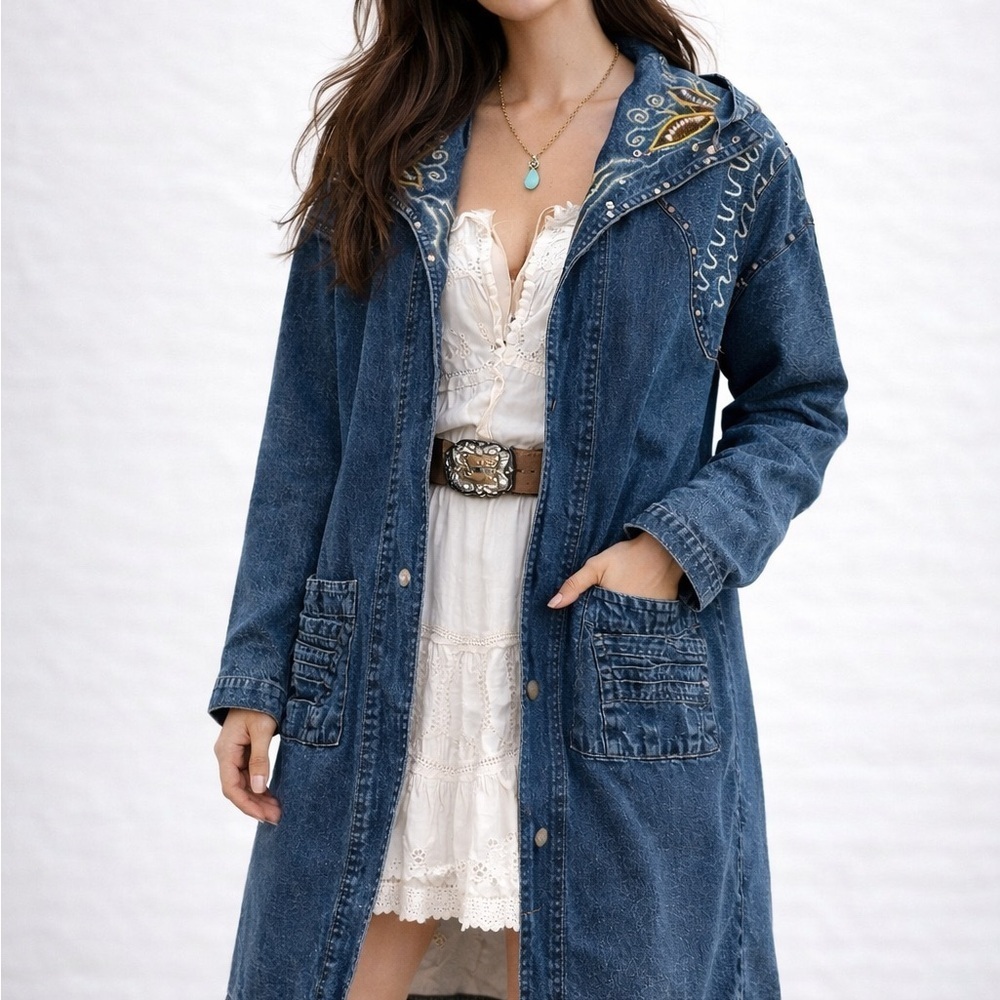 Vintage Embroidered Denim Duster | Coastal Cowgirl Western Boho Jacket M